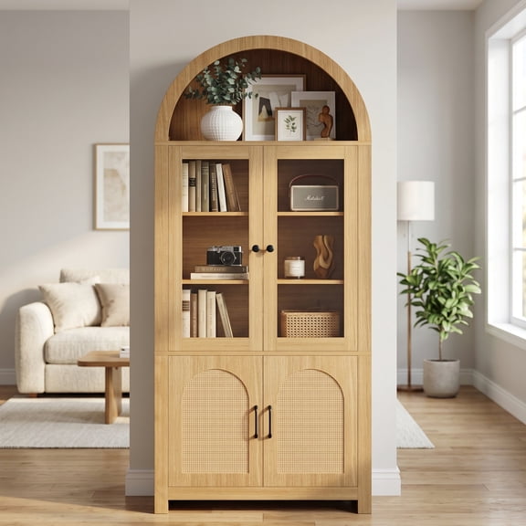 IRONCK Oak Display Bookcase, Arched Storage Cabinet with LED lights,Farmhouse Pantry Cabinet with Glass Doors with Rattan Doors for Living Room,Kitchen& Dining Room