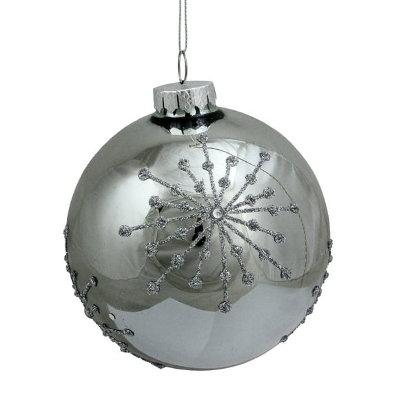 Shiny Silver Mirrored Ball with Raised Snowflake Design Christmas Ornament 4" (100mm)