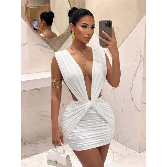 Slaydiva Elegant Sexy Deep V-Neck Twist Pleated White Mini Dress, Suitable