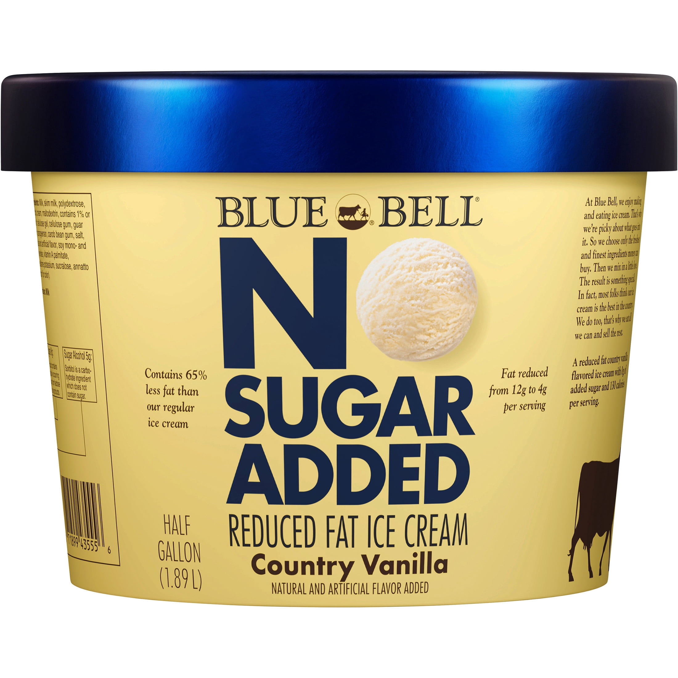 Blue Bell No Sugar Added Country Vanilla Reduced Fat Ice Cream Half Gallon, 64 fl oz