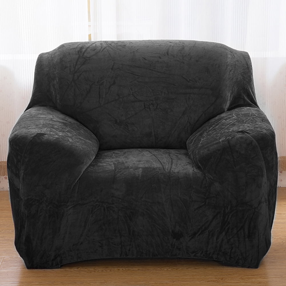 Thick Velvet Sofa Covers 1/2/3/4 Seater Pure Color Sofa Protector Stretch Non Slip Couch Cover Easy Fit Elastic Fabric Stretch Couch Slipcover(Black, 1-Seater Sofa)