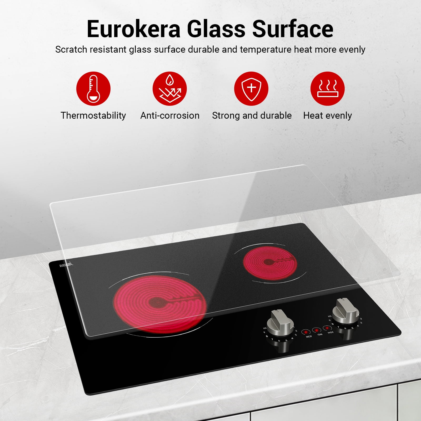 21 Inch 2 Burners Electric Cooktop 3700W Apartment Electric Stove Top Double Radiant, UL Certified, 9 Heating Level Knob Control, Overheating Protection, 110V-240V Ceramic Glass Cooktop