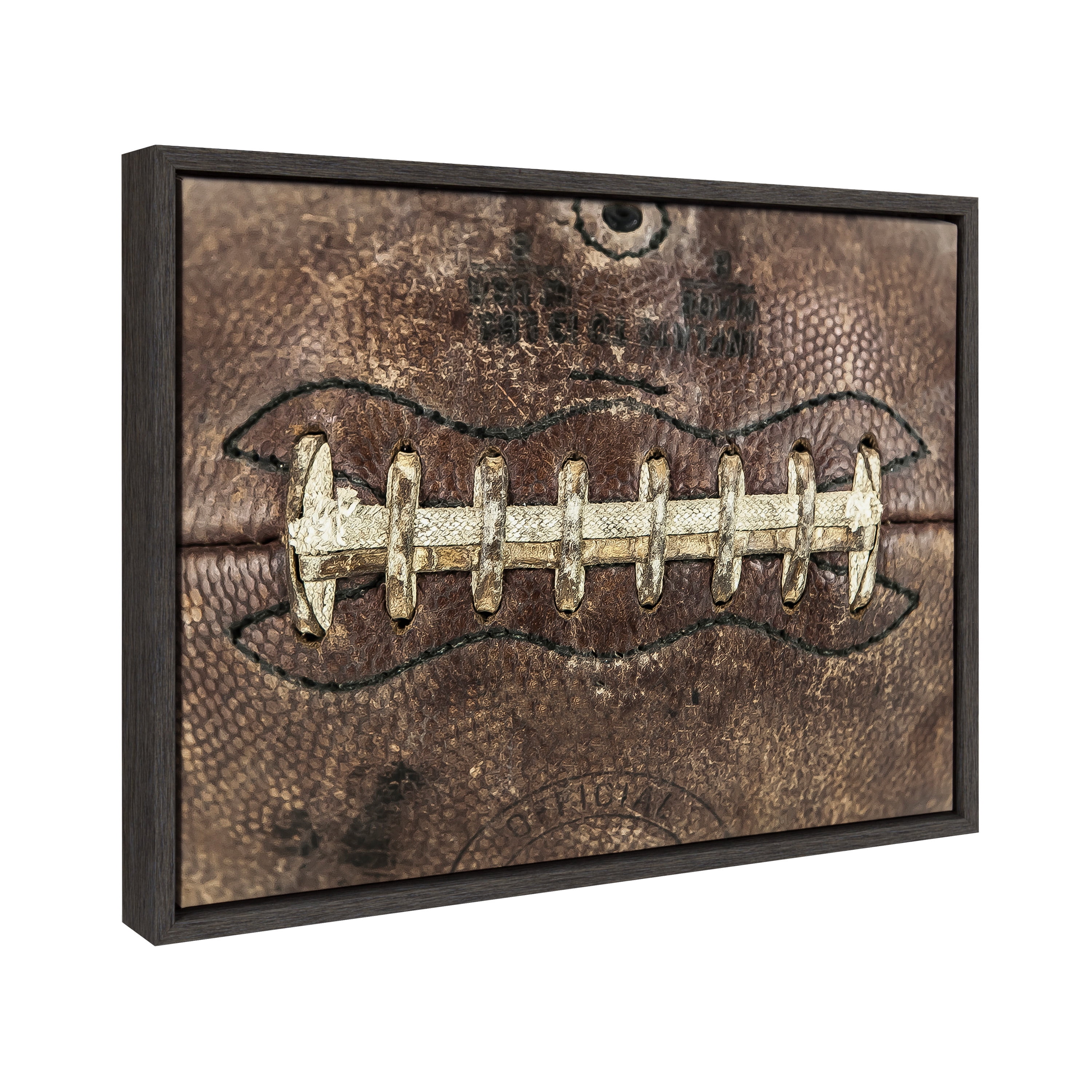 DesignOvation Sylvie Vintage Football Laces Framed Canvas By Shawn St. Peter, 18x24 Dark Grey, Transitional Sports Wall Decor For Office, Bedroom, Or Living Room