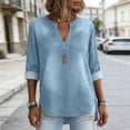 thumbnail image 4 of Miqool Women's Washed Denim Tunic Tops 3/4 Sleeve V-Neck Loose Fit Jean Blouse Casual Roll-Up Sleeve Everyday Shirts, 4 of 9