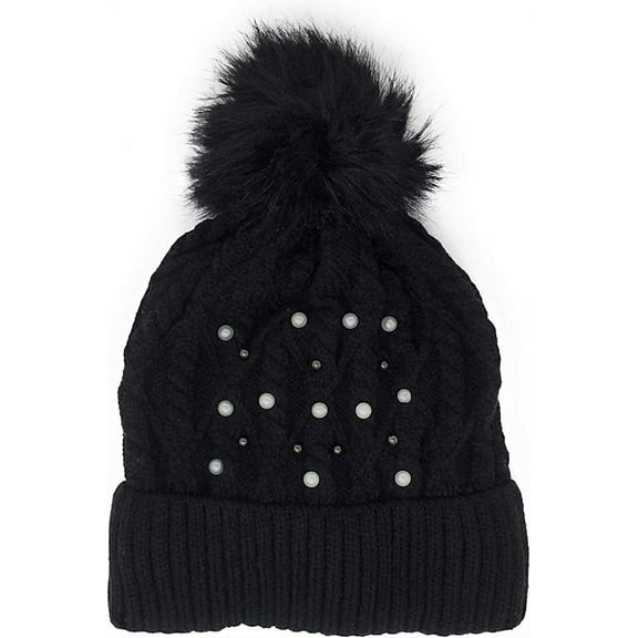 Urban-Peacock Trendy Chunky Soft Stretch Cable Knit Beanie Hat with Pearlized Beads & Warm Fleece Lining & Pom Pom - Black