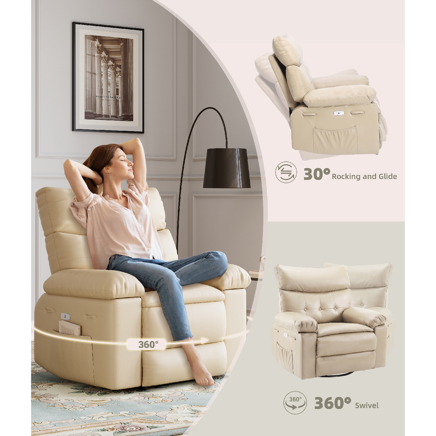 Shininglove Oversized Swivel Rocker Recliner Chair - Extra Wide PU Leather Manual Recliner with Thick Cushioning, 360° Rotation & 30° Rocking, Supports 400 lbs, for Living Room, Bedroom