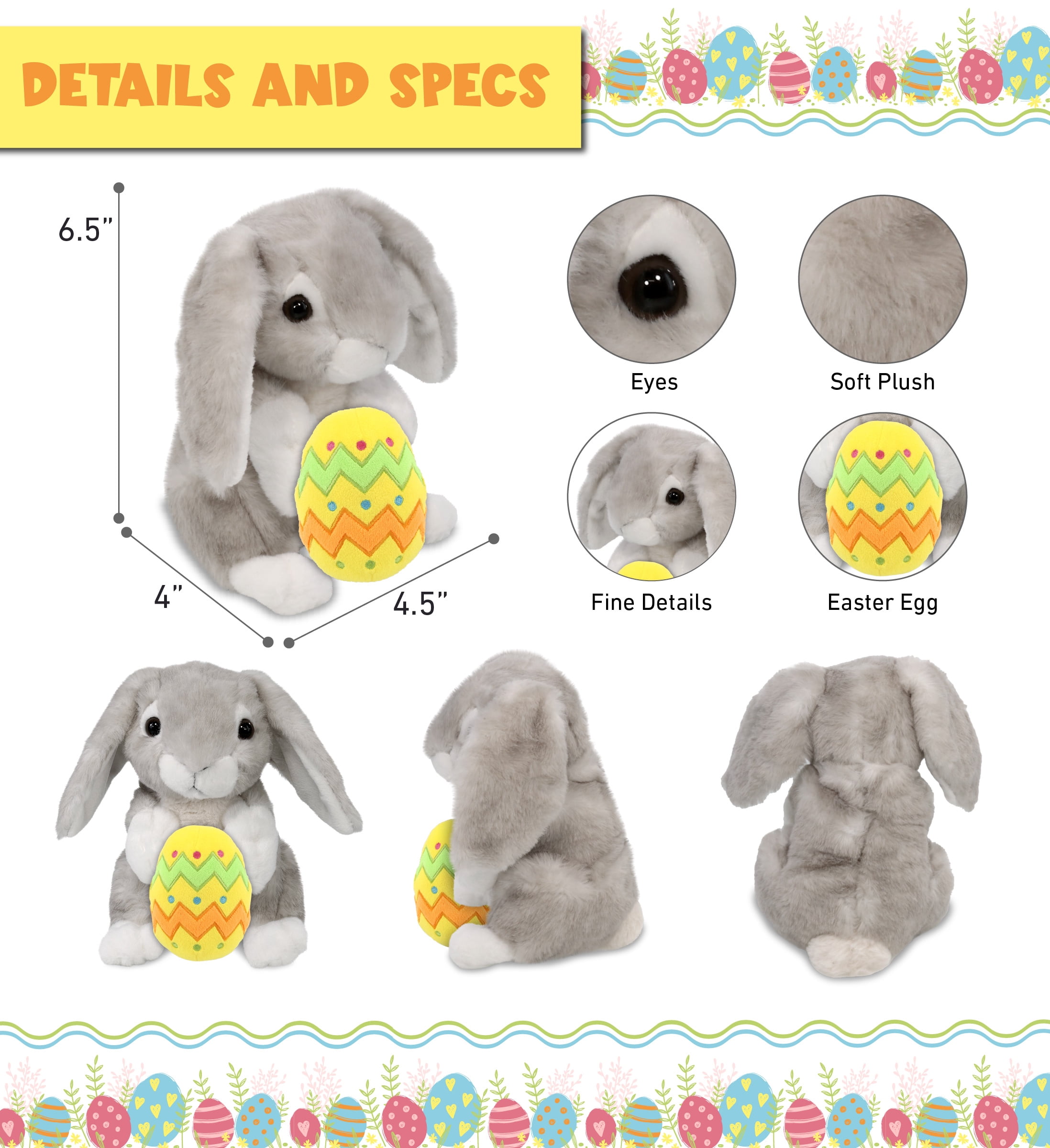 DolliBu Super Soft Sitting Gray Rabbit with Yellow Easter Egg Plush - Perfect Rabbit Stuffed Animals for Easter Basket, Easter Egg Stuffed Animal Spring Toys for Girls, Boys, and Babies - 6.5 Inches