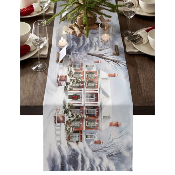 Hokiten Table Runners 72 Inches Long Dress Scarves, Christmas, Farmhouse Kitchen/Dining Table Runner, Coffee Tablerunners, Winter Snowy House Modern Building 18x72 Inch