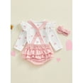 thumbnail image 4 of Suealasg Baby Girls Spring 3Pcs Outfits Sets 3M 6M 12M 18M 24M Infant Girls Birthday Clothes Long Sleeve Heart Print Tops Tiered Ruffle Suspender Shorts Headband Sets, 4 of 8