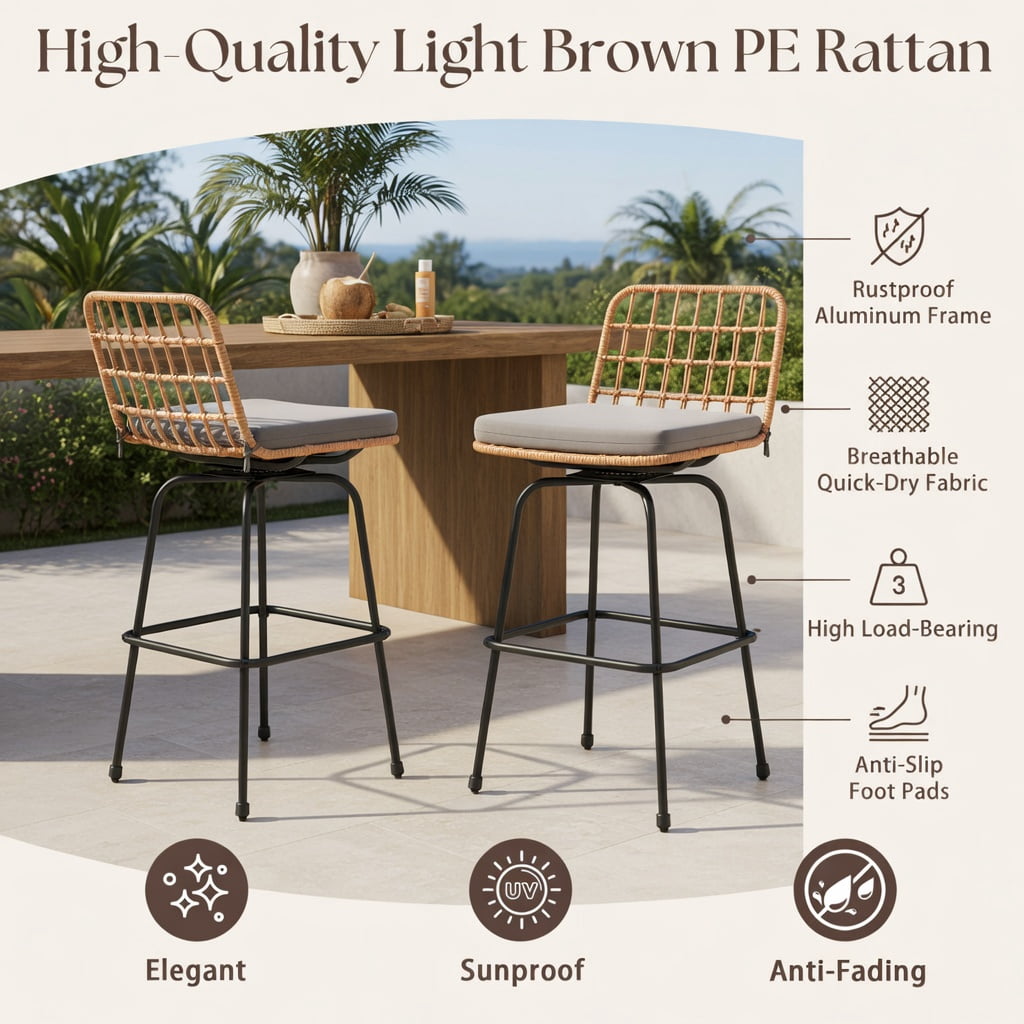 Hommoo 2-Pack Modern Swivel Bar Stools with Cushions & Light Brown PE Rattan, Heavy-Duty Outdoor Patio Barstools for Backyard, Balcony, Poolside, Gray