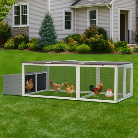 ZephyPaws 86'' Large Wooden Chicken Coop with Nesting Box & Weatherproof Asphalt Roof for 4-6 Chickens, Outdoor Hen House Walk-in Poultry Cage with Secure Locks, Metal Mesh Run for Backyard Farm Use