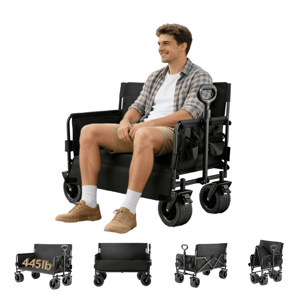 Utility Garden Wagon Collapsible Garden Wagons and Carts with 445LB Capability Portable Garden Cart with All-Terrain Wheels for Shopping, Camping ,Black