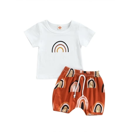 

Canis Toddler Baby Boys Summer Outfits Rainbow Print Short Sleeve T-Shirt+Cotton Shorts Casual Clothes Set