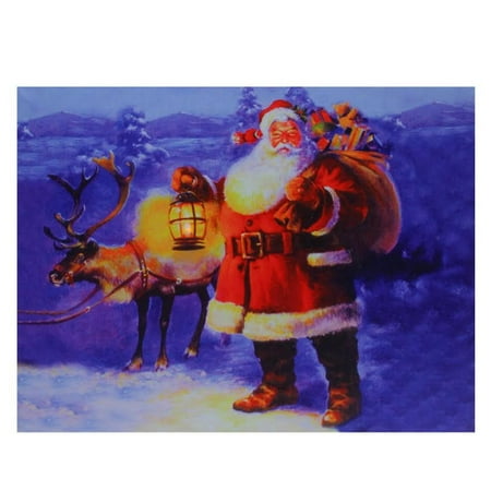 LED Lighted Santa Claus with Reindeer Christmas Canvas 