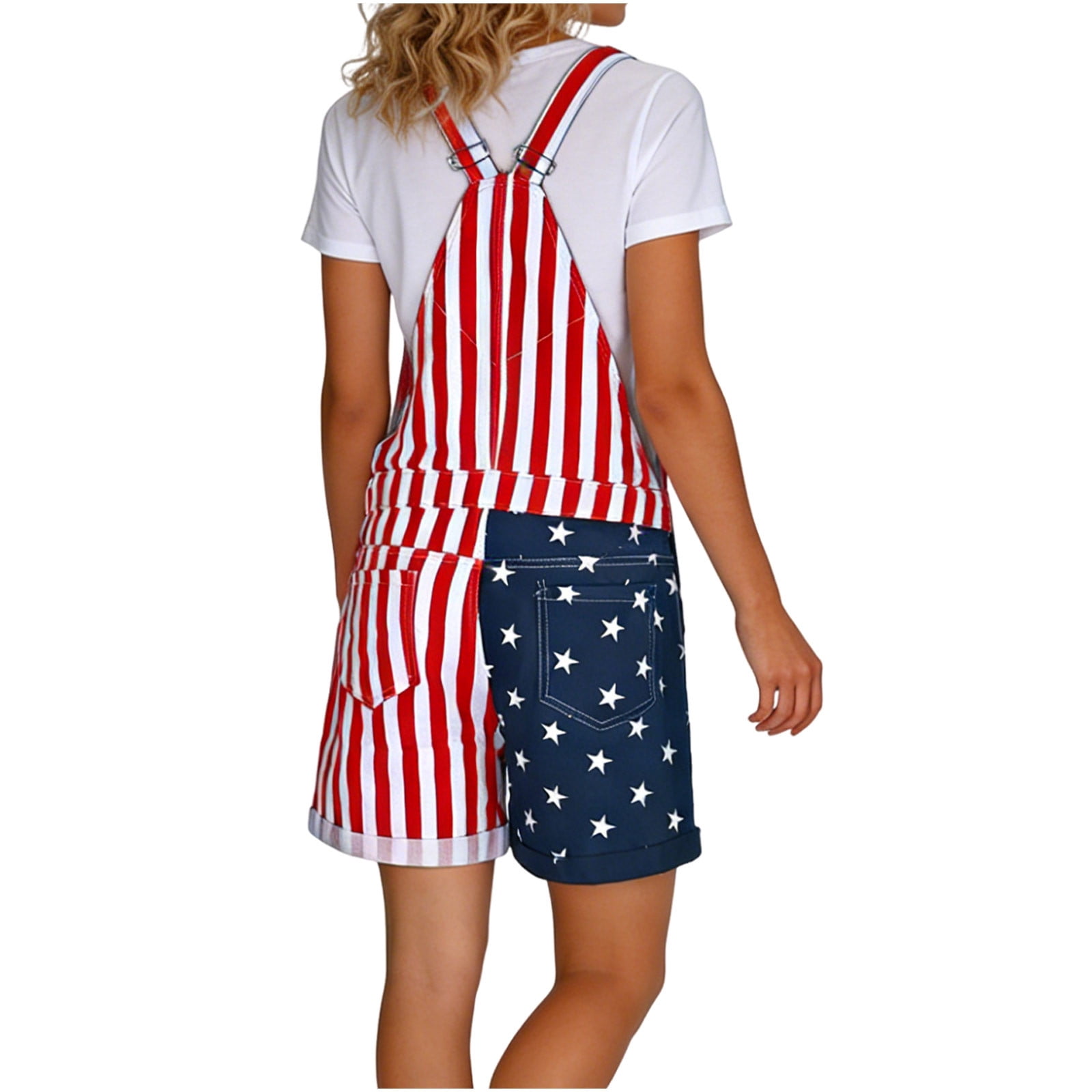 FchengtaiS American Flag Overalls Women Denim Bib Romper 4th of July Striped Stars Jumpsuit Shorts Independence Day Outfits