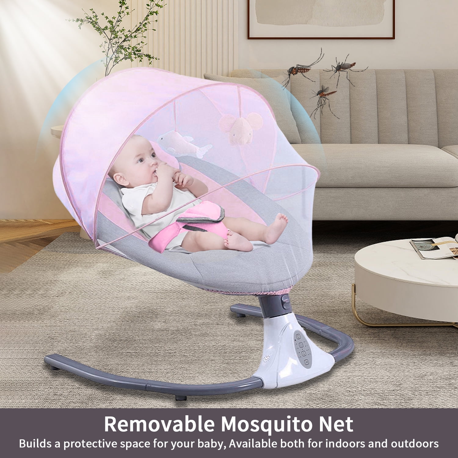 Hurber Electric Baby Swing, Infant Bouncer Chair with Remote Control, Bluetooth Music, 12 Lullabies, 4 Speeds, 4 Timing Set, Unisex, Pink