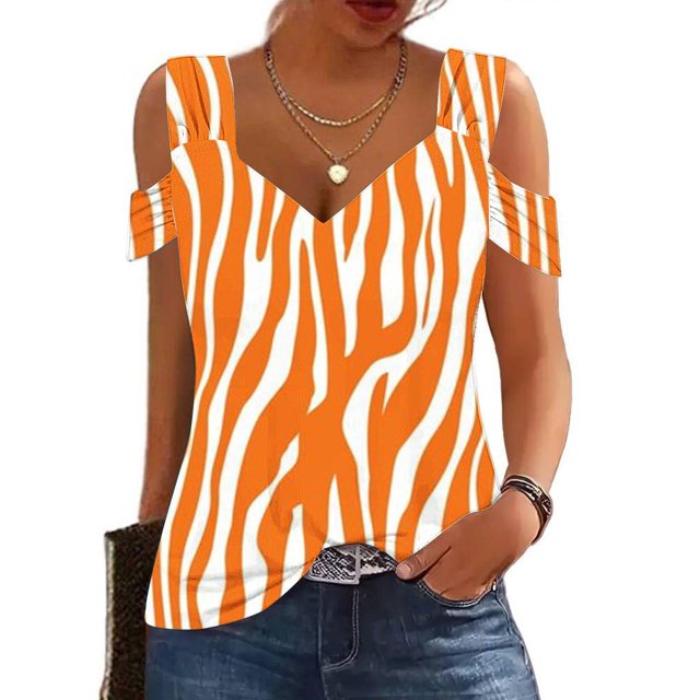 Fiudx Tops para Mujer Blusas Plegables con Cuello En V para Mujer, Camisas con Hombros Descubiertos, Top de Manga Corta Estampado
