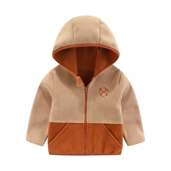 Toddler Boy's Cute Jackets Hooded Zip Up Color Block Fleece For Autumn And Winter Thickened Elastic Coat Kids Outerwear Size 12-18 Months