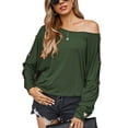 thumbnail image 1 of Camiseta de manga larga de color puro para mujer, blusa holgada informal con estilo y cuello redondo, blusa decorativa con botones para el trabajo diario OD verde L, 1 of 6