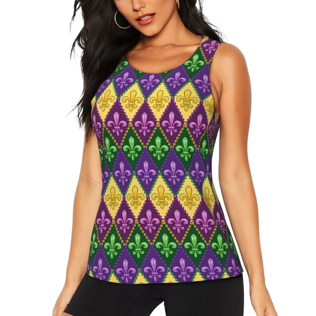 Fotbe Mardi Gras4 Blusas Sin Mangas para Mujer – Estilo Casual, Corte Suelto, Slim-Fit, Cuello Redondo Deportivo, Tops de Verano para Gimnasio y Yoga-Medium
