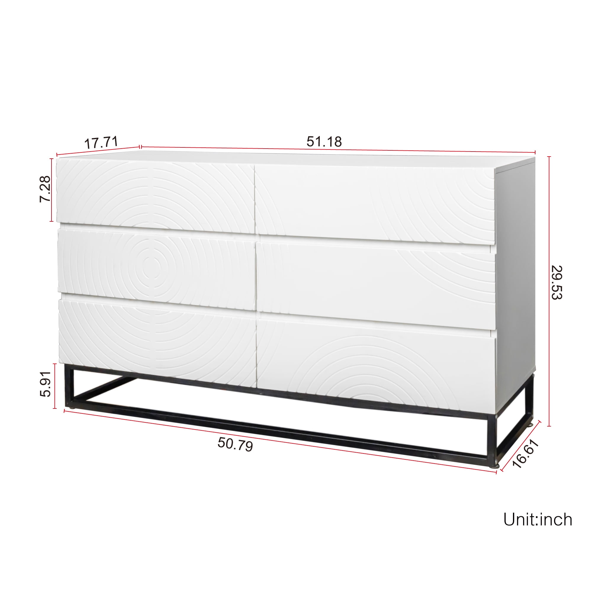 Kadyn 51.18" Double Dresser, Chest of Drawers with 6 Drawer, Modern Storage Cabinet for Living Room, Black White