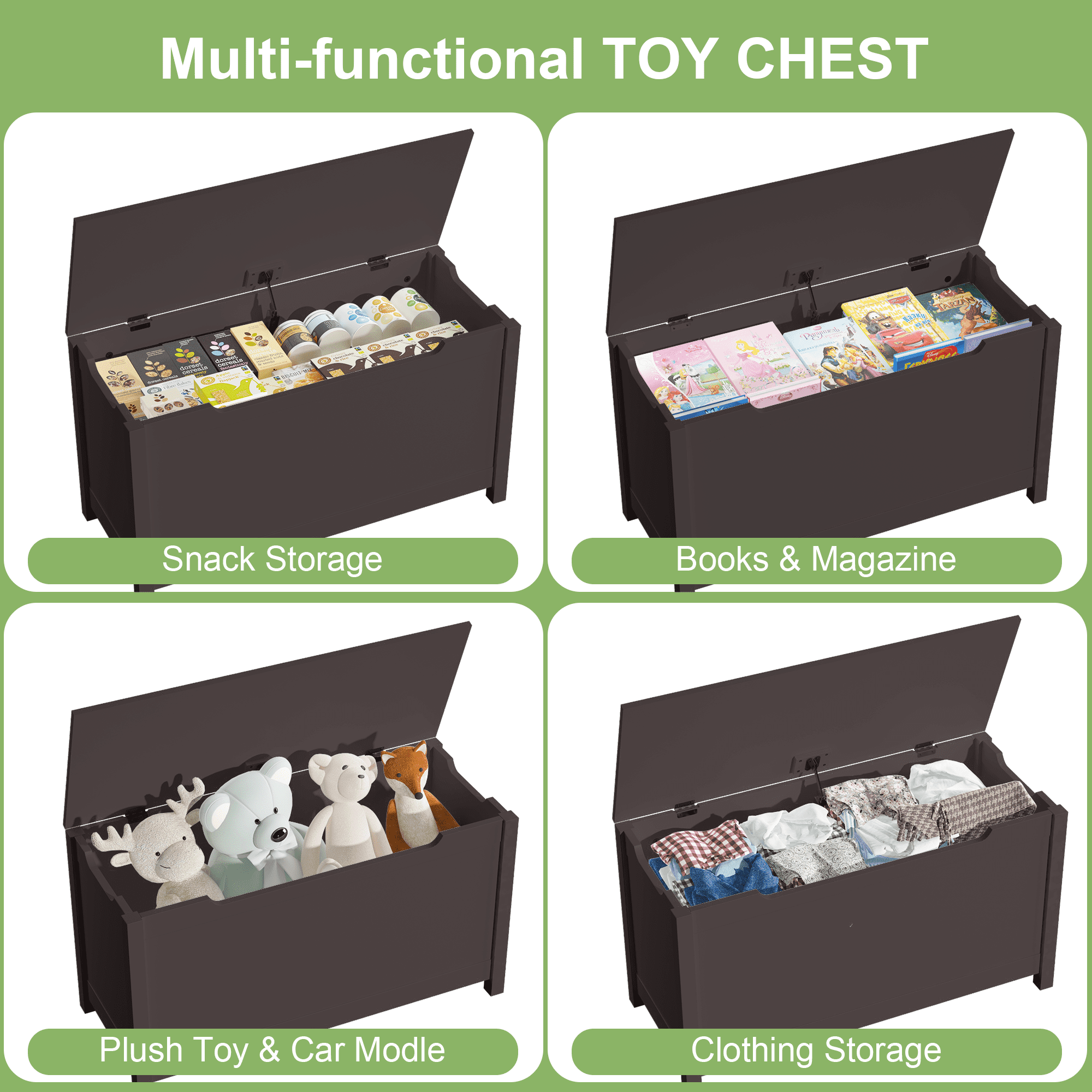 Kids Wooden Toy Box Storage with Safety Hinged Lid - Suitable for Ages 2 and Up-Brown