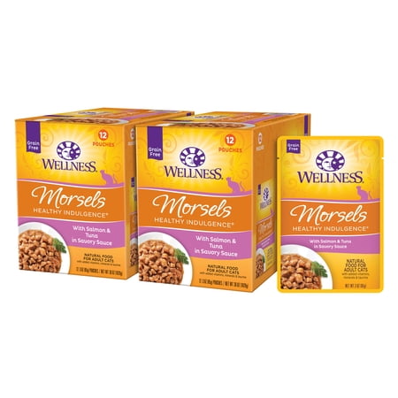 Wellness Healthy Indulgence Morsels Adult Wet Cat Food, Natural Protein-Rich Grain-Free, Salmon & Tuna, 24 Pack, 3 Ounce Pouch