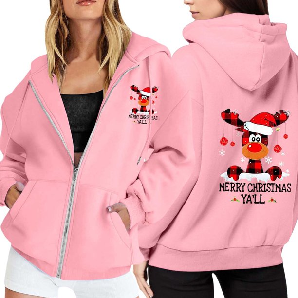 WILLBEST Sudadera con Capucha para Mujer, Estilo Casual, con Estampado Navideño, Cremallera, Manga Larga, Bolsillo y Cordón Ajustable Mediana