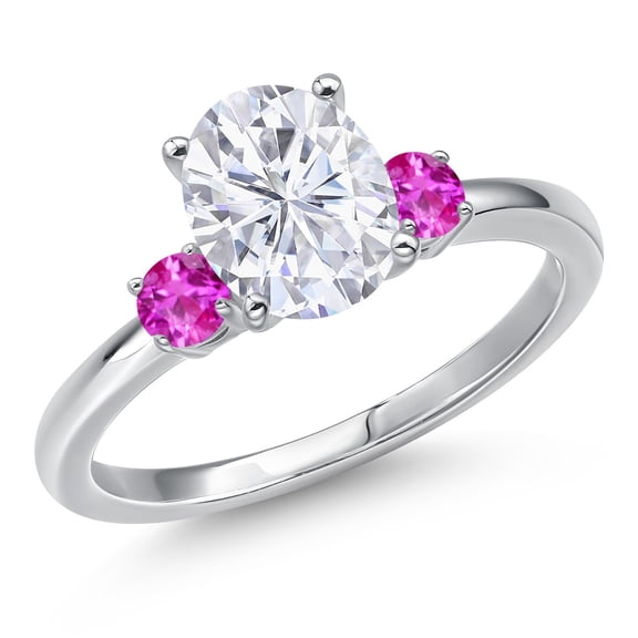 Gem Stone King 14K White Gold White Moissanite and Pink Sapphire Engagement Ring for Women | 2.37 Cttw | Oval 9X7MM | Gemstone Birthstone | Size 6