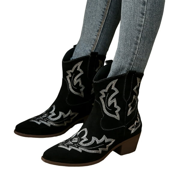 Womens Retro Cowboy Boots Vintage Suede Embroidered Wide Mid Calf Cowgirl Boots Chunky Heel Slip on Short Dress Booties for Winter Fall Black Size 6