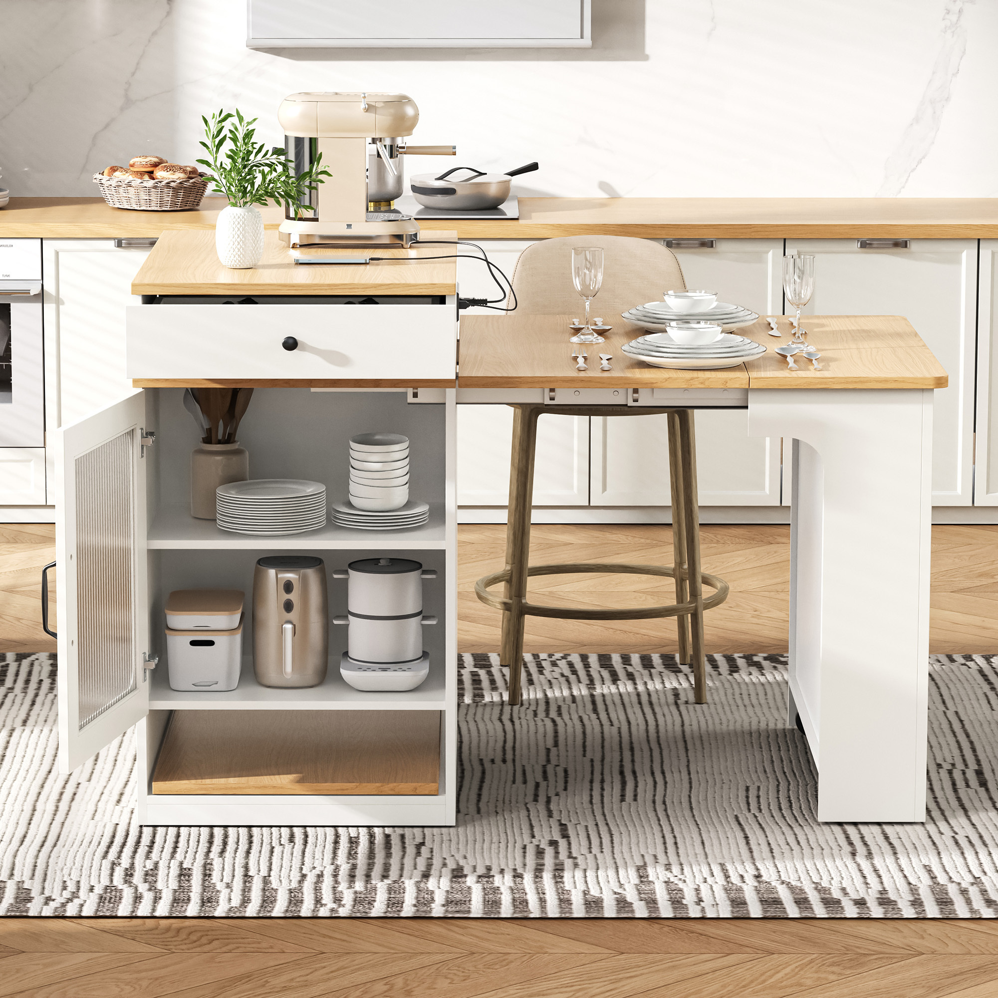 YIYADO Kitchen Island, Extendable Dining Table with Double-Sided Storage, 2 Drawers, Power Sockets, Side-Opening Shelves