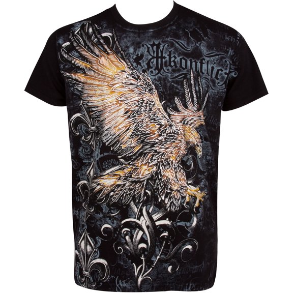 Sakkas Clutching Eagle & Fleur De Lis Metallic Silver Embossed Cotton T-Shirt - Black - Large