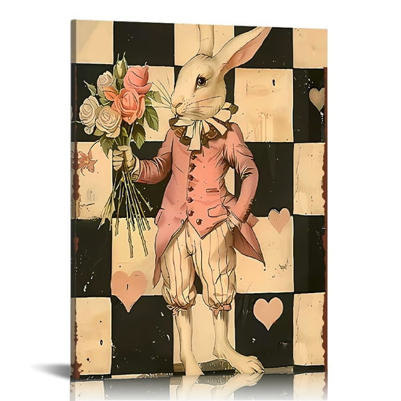 Whimsical White Rabbit Canvas wall art Print, Elegant Dressed Rabbit with Bouquet, Vintage Checkered Background - framed Wall Art Poster for Living Room, Bedroom - Charming Gift Idea