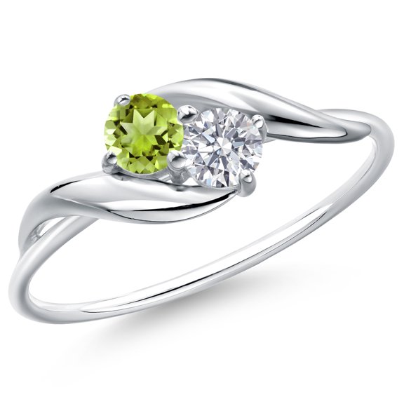 Gem Stone King 10K White Gold Round Green Peridot and White Lab Grown Diamond Ring for Women (0.38 Cttw, Round 3.5MM, Gemstone August Birthstone, Size 5)