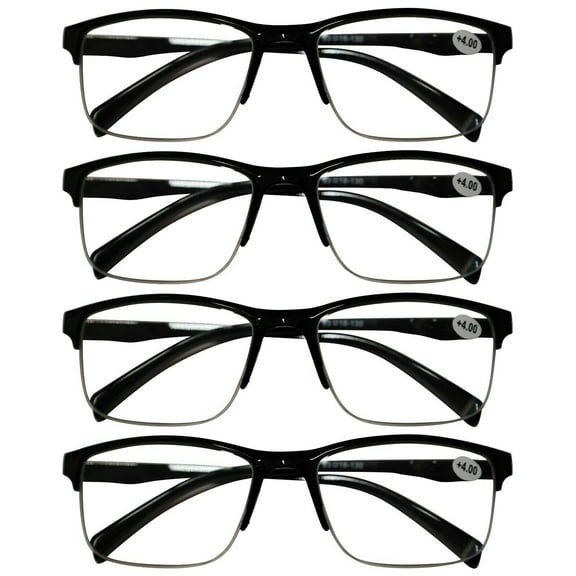 4 Packs Mens Unisex Half Frame Square Reading Glasses Black Spring Hinge Readers  1.00