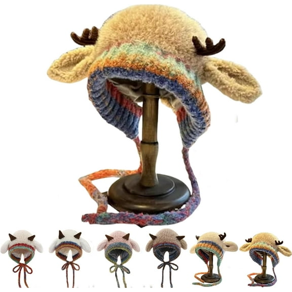 Original design Festive Christmas Antler Hat, Festive Christmas Antler Hat, Windproof Cute Deer Knitted Cap with Ears