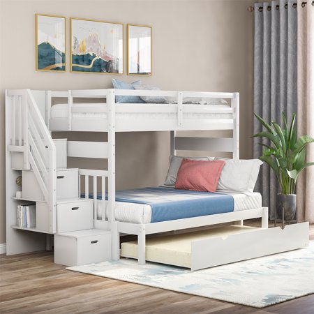Twin Over Twin Bunk Bed with Trundle and Staircase  Solid Wood Bunk Bed Frame with Storage Shelves and Safety Guardrail Space-Saving Low Bunk Bed with Handrail for Kids No Box Spring Need  White