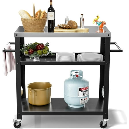 Sedeke Outdoor Stainless Steel Grill Cart Table with Three-Shelf, Garden Patio BBQ Kitchen Food Prep Table Cart Black