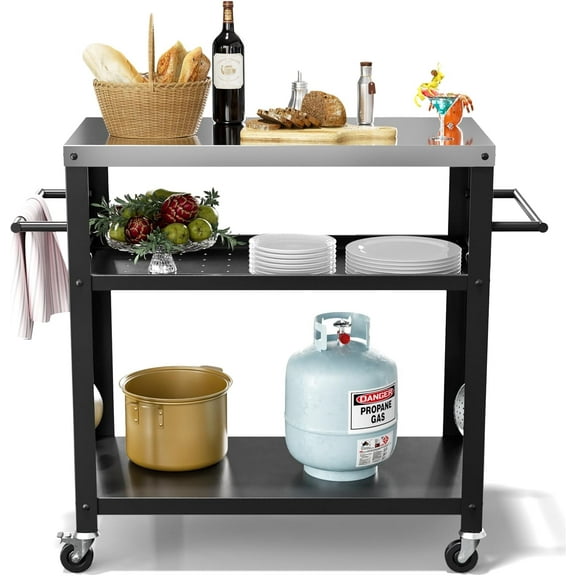 Sedeke Outdoor Stainless Steel Grill Cart Table with Three-Shelf, Garden Patio BBQ Kitchen Food Prep Table Cart Black