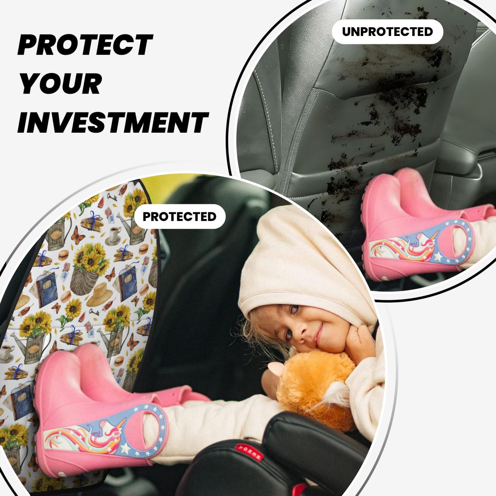 Kdxio Picnic Print 2 Pack Car Kick Mat Seat Cover Back Protector Mat with Pockets for Organizer Backseat Protector and Storage Anti Kick Pad for Vehicles