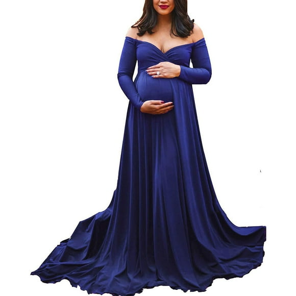 Maternity Off Shoulder Long Sleeve Dress - Solid Color Photography Props - Stretchy Polyester for Baby Bump