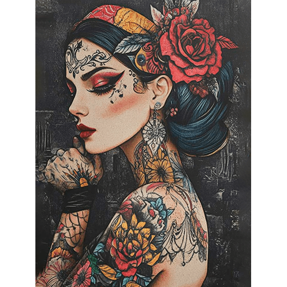 Tattoo Girl Canvas Art Print,Suitable for Living Room,Bedroom,Bathroom,Office,and Dinning Room Decoration.