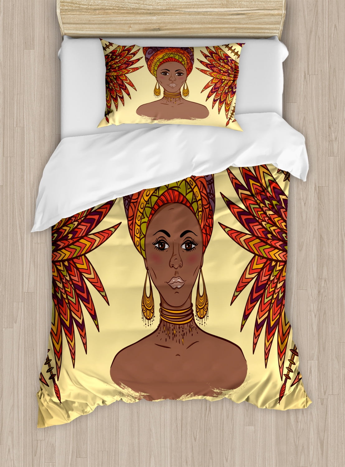 African Duvet Cover Set Twin Size, Ethnic Woman in Traditional Turban