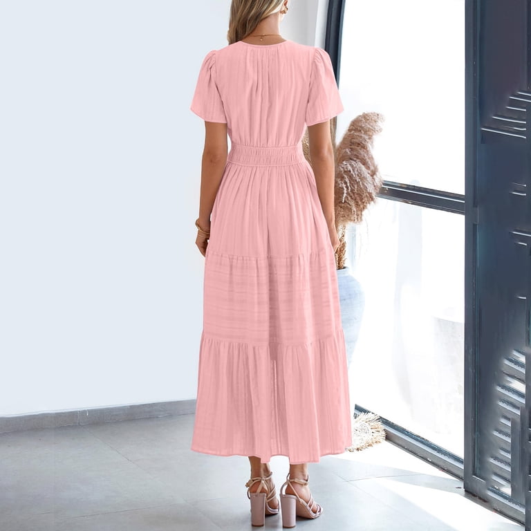 Nxmzxb Womens Summer 2025 Casual Midi Maxi Dresses Lightweight Short Sleeve V Neck Elastic Waist Boho Beach Dress with Pockets Pink S, Women's, Size: