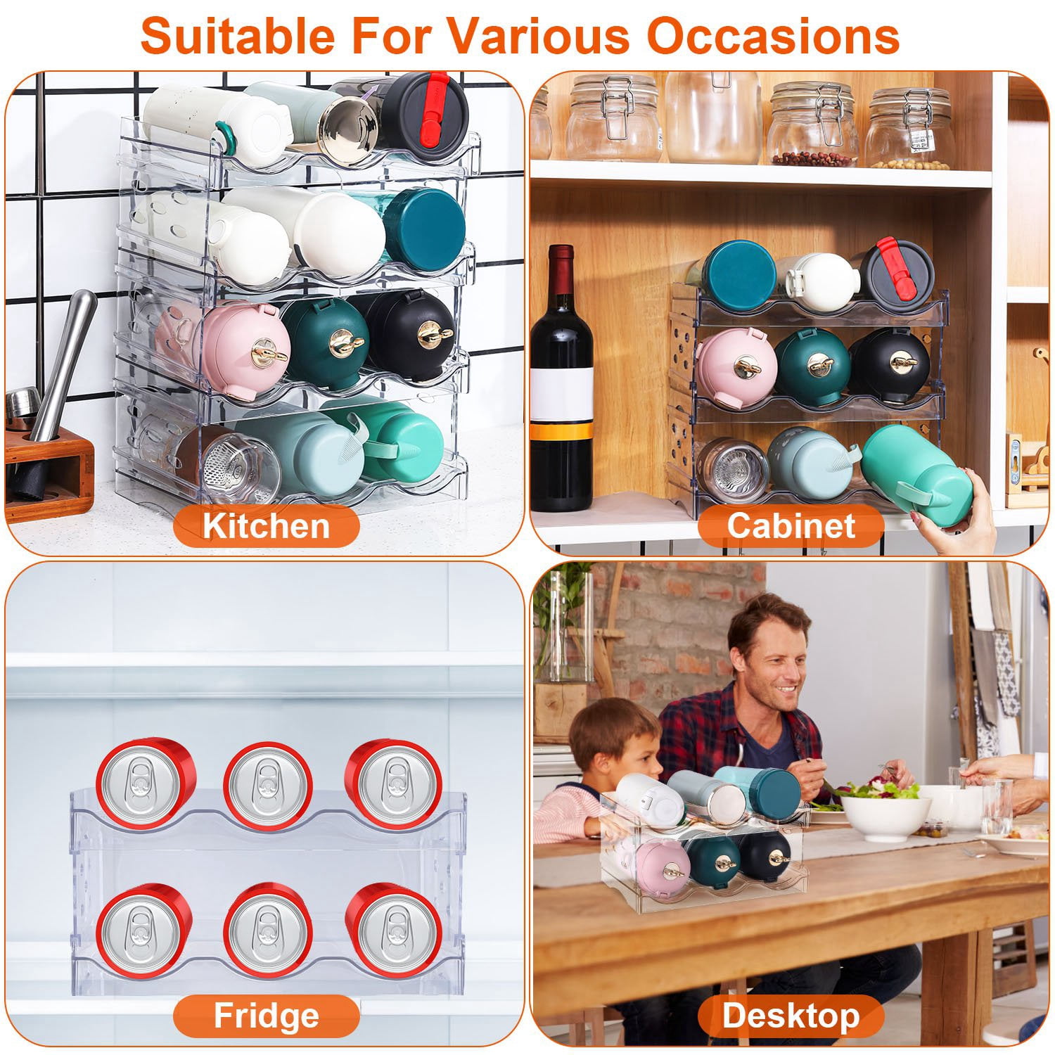 12 Bottle Plastic Bottle Storage Holder,  Free-Standing Water Bottle/Wine and Drink Organizer Shelf for Kitchen Cabinet, Fridge, Countertop, Pantry, Freezer, Clear
