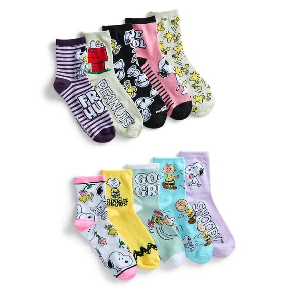 Peanuts Womens' Crew Socks, 10-Pack, Sizes 4-10