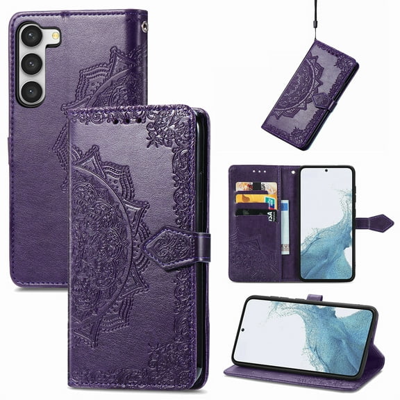 Dteck Wallet Case for Samsung Galaxy S23 FE, Shockproof Mandala Embossing PU Leather Flip Case with Magnetic Clasp and Cash Card Slots Holder Holster for Samsung Galaxy S23 FE,Purple
