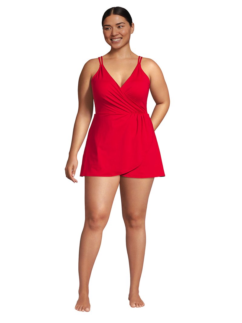 chinese dress ladies Lands' End Womens Chlorine Resistant Surplice Swim Dress Control  Black/White Gingham Regular 4 at Amazon Women's Clothing store