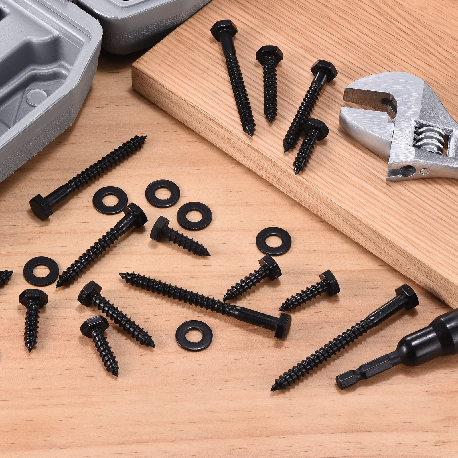 Uxcell 15 Pcs Hex Head Lag Screws - 3/8"x1" Stainless Steel 18-8 (304) Lag Bolts Hexagon Head Heavy Duty Wood Screws with Flat Washers for Wood, Decks, Fences, Furniture, Black