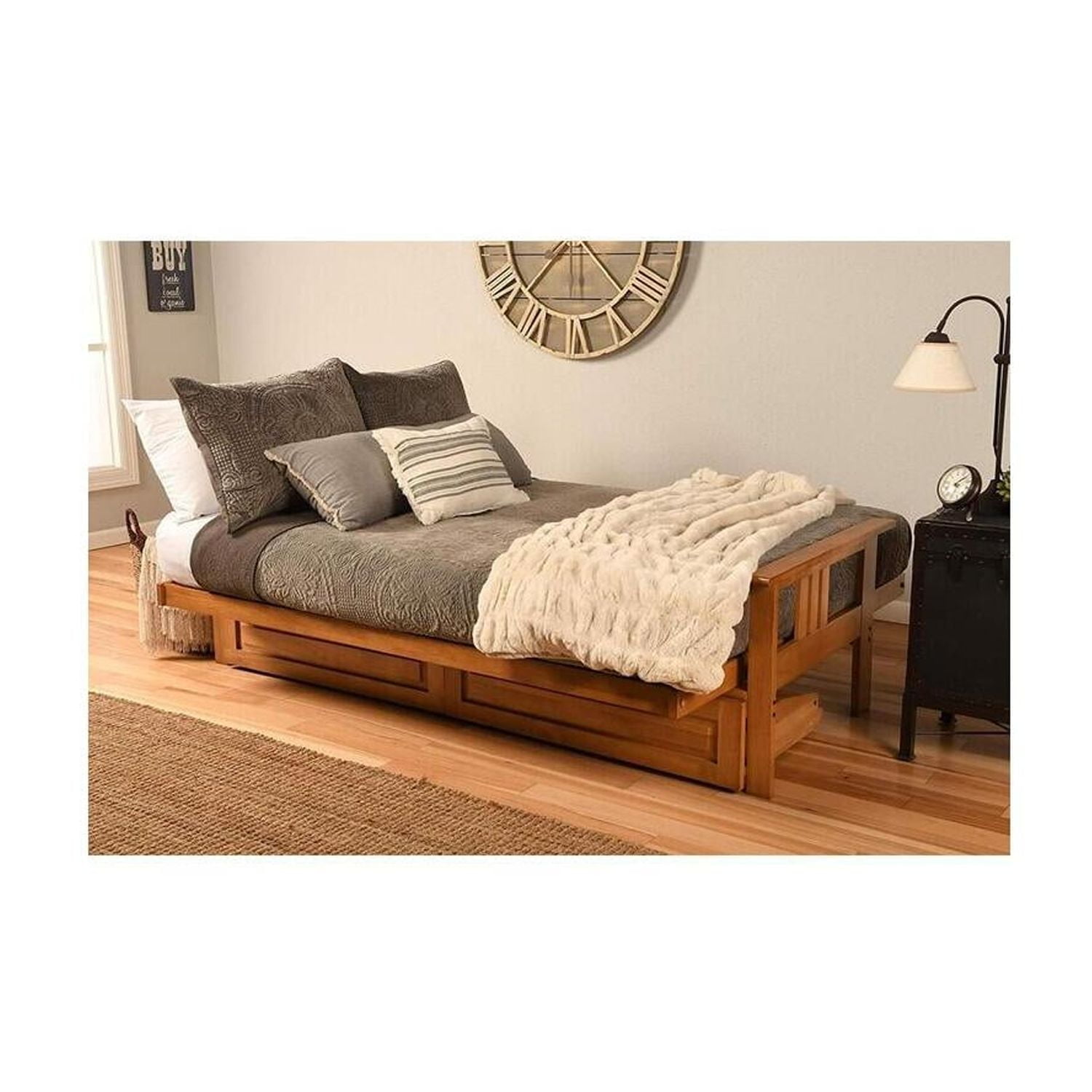 French Country Full Futon Frame Set with Mattress and Storage Drawers, Classic Foldable Hardwood Frame, Easily Converts To Bed